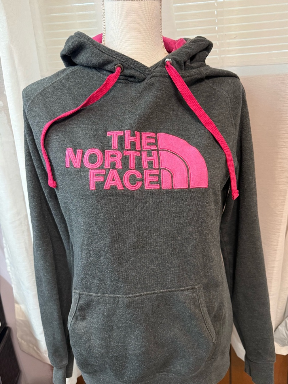 The North Face Charcoal Hoodie with Pink Logo & Drawstrings